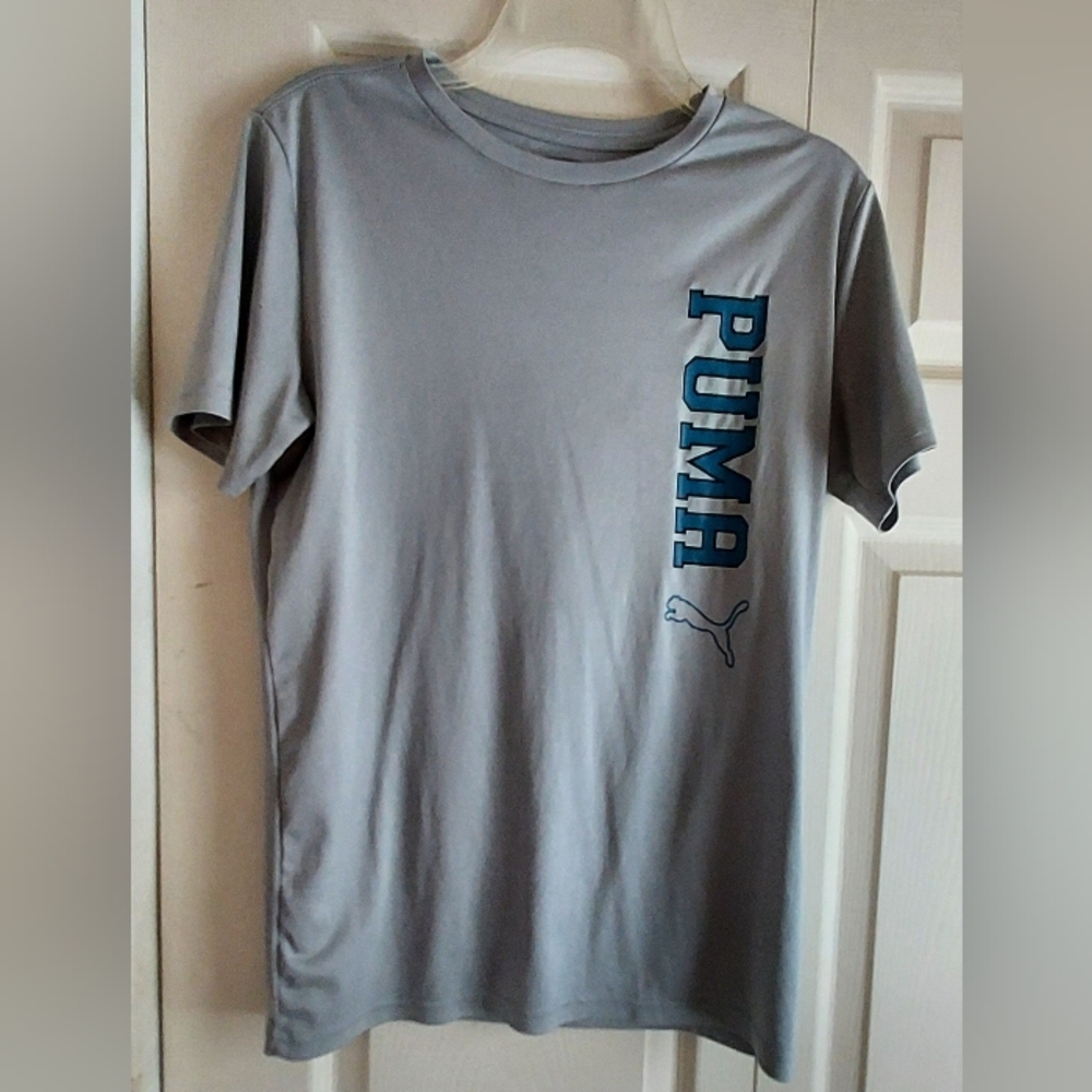 Puma Youth XL T Shirt Blue Spellout Print Logo Gray Soft Athleisure